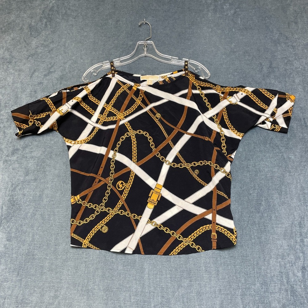 Michael Kors Top Womens XS Black Gold Chain-Link Print Cold Shoulder Round Neck